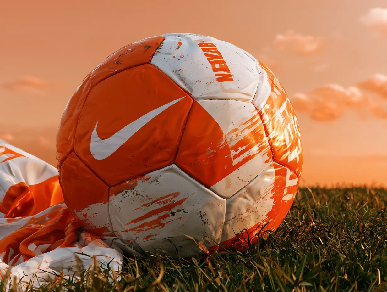 Pelota de fútbol sobre el pasto al atardecer