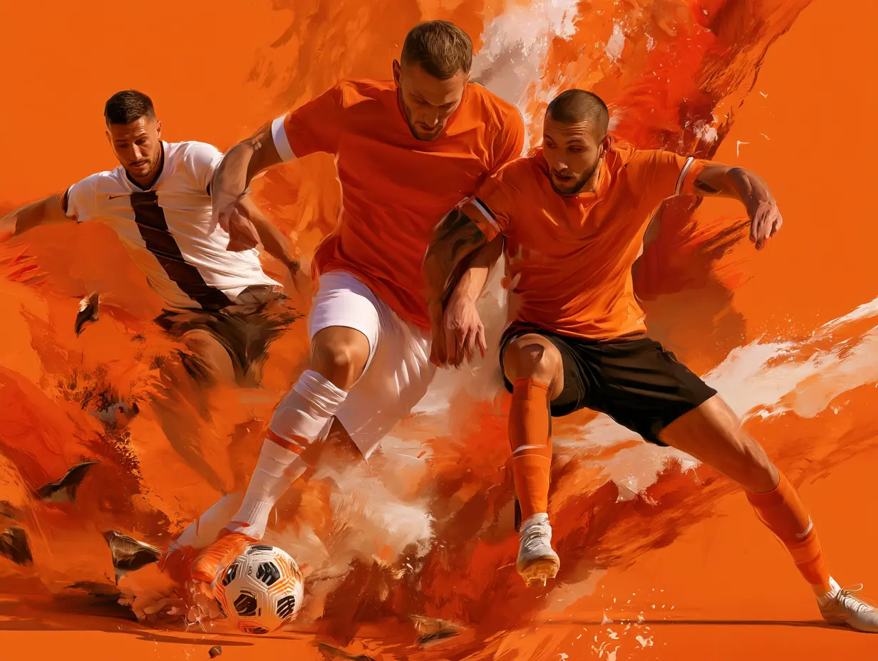Futbolistas disputan la pelota en una jugada sobre fondo naranja